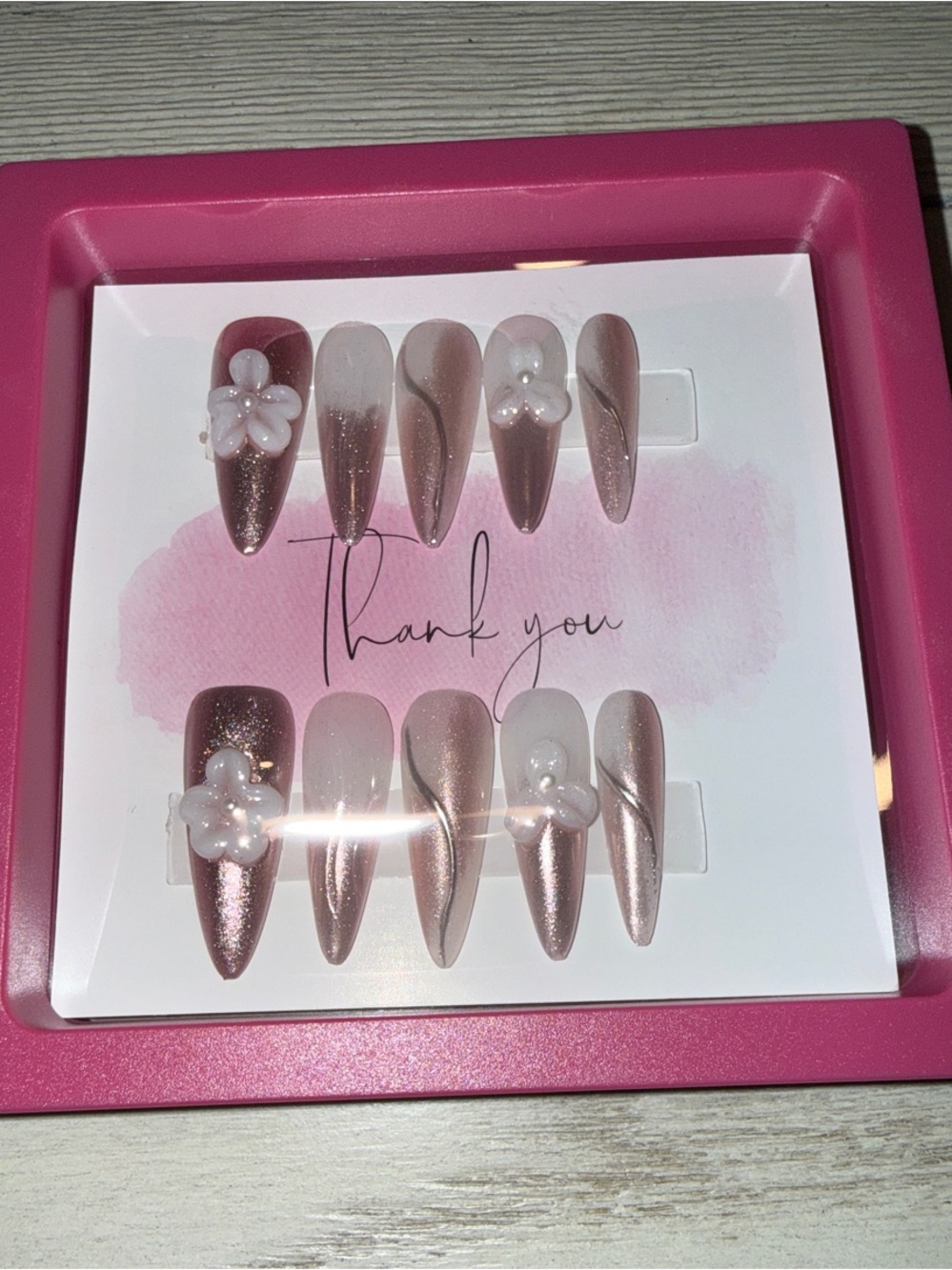 Blush Rose Stiletto Press-On Nails with 3D White Floral Accents